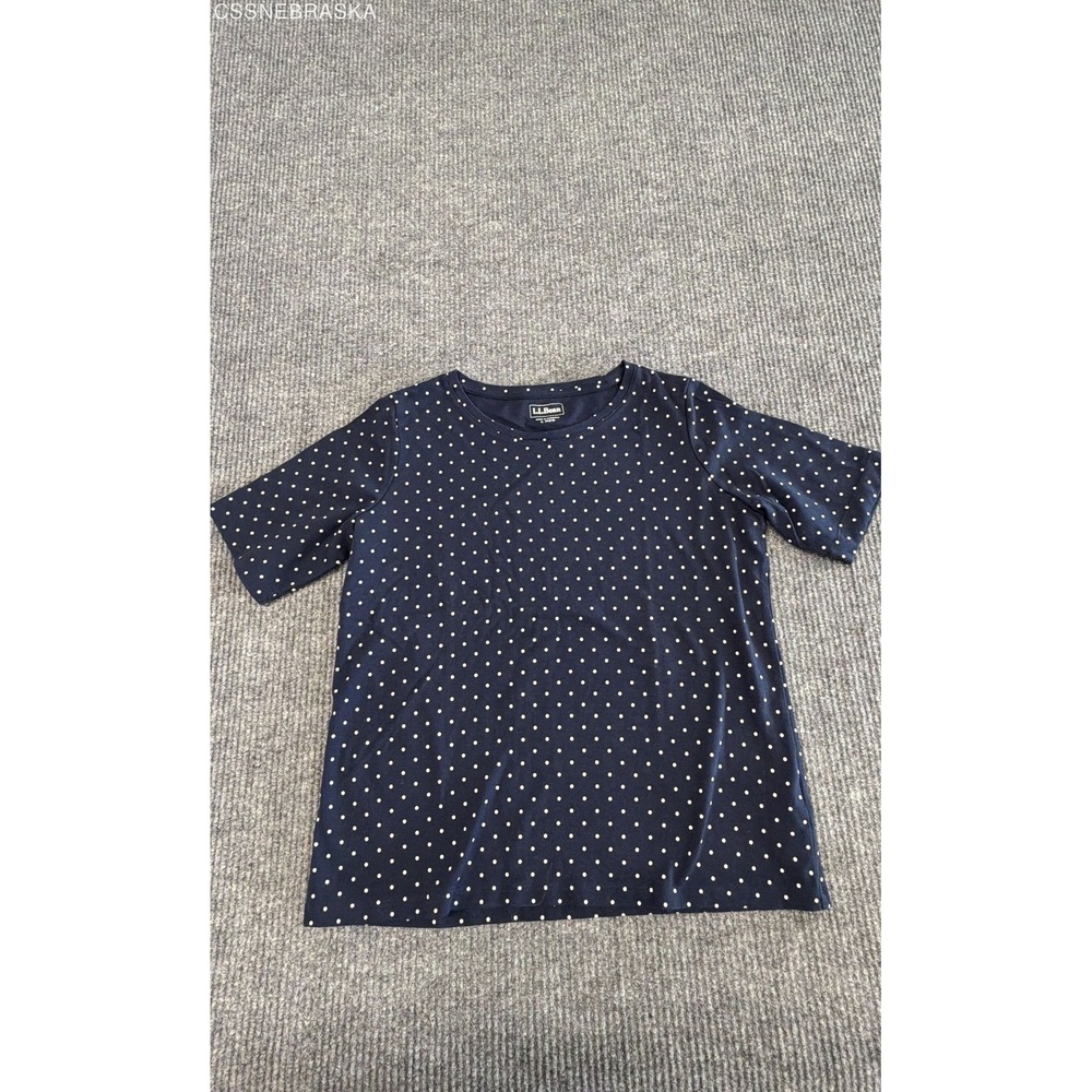 LL Bean Navy Blue White Womens Large Top Polka Dot Short Sleeve Crewneck Tee - L